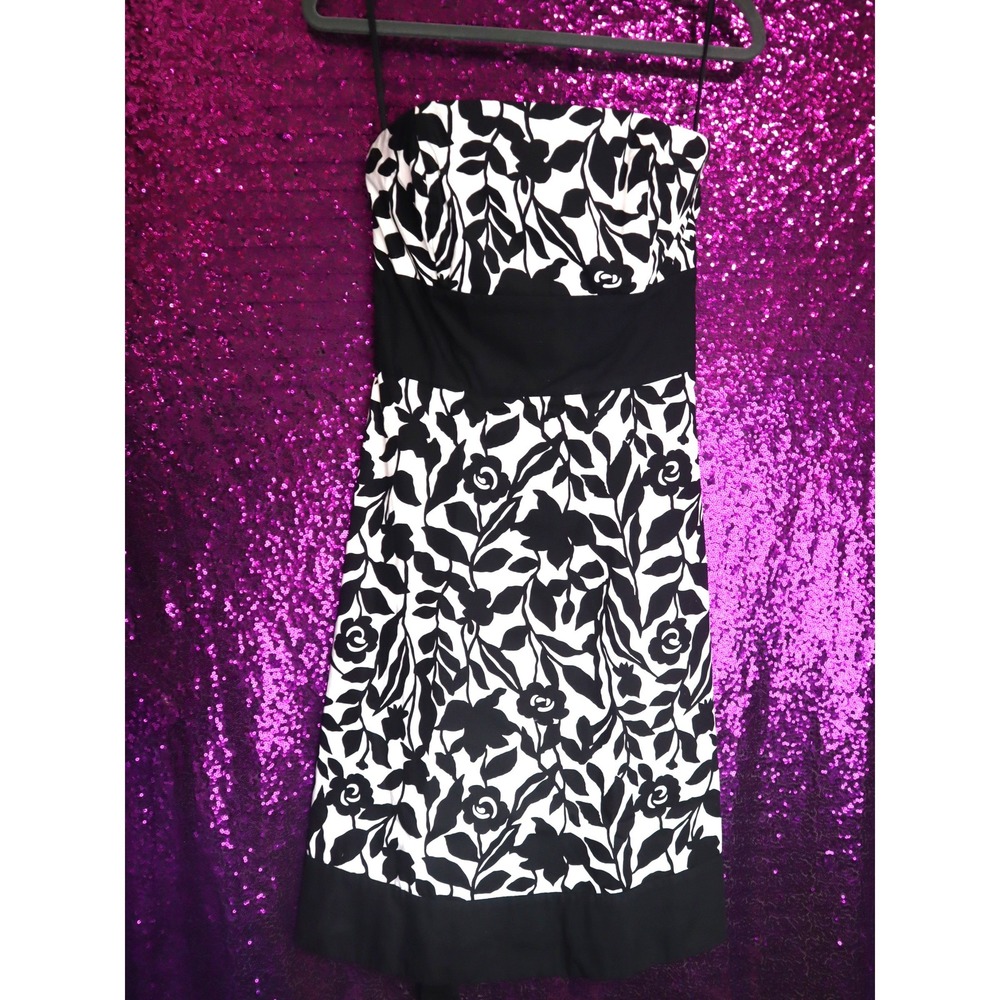 Black White Floral Strapless Dress 2 White House Black Market Women Tie Back